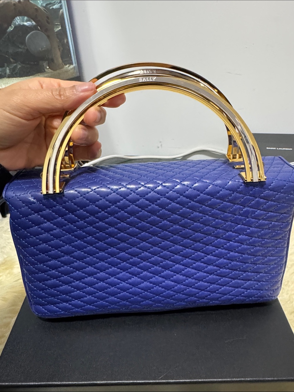 Bally Quilted Blue Leather Top-Handle Satchel with Gold Accents